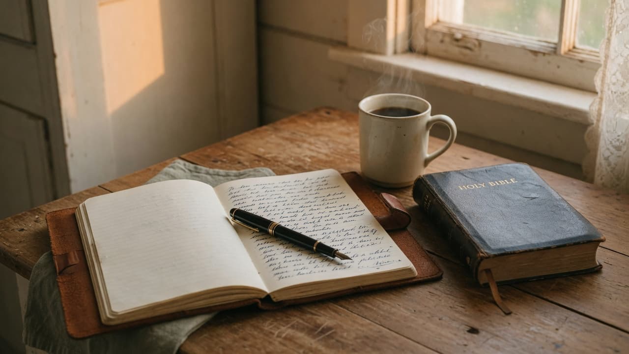 Open journal with handwritten notes beside a worn Bible and coffee in morning light — a reader's quiet testimony