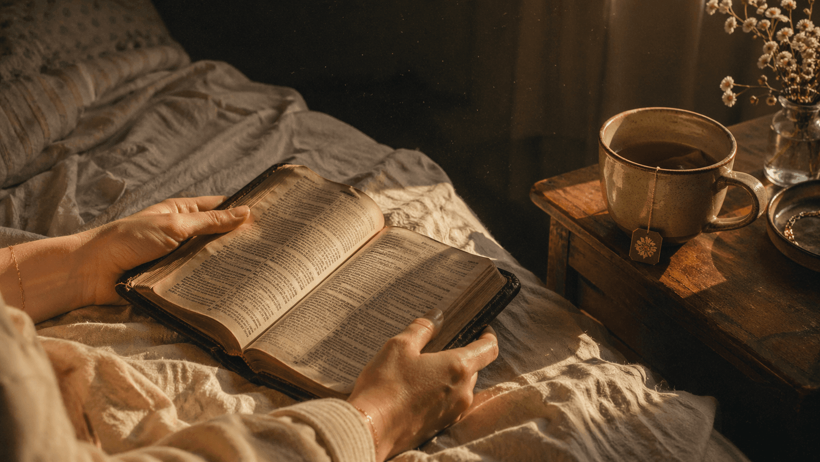 Open Bible on linen sheets in soft morning light — reading Bible verses for anxiety with tea beside