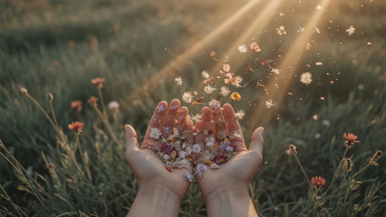 Open hands releasing petals into golden sunset light over a sage meadow — casting your cares on God