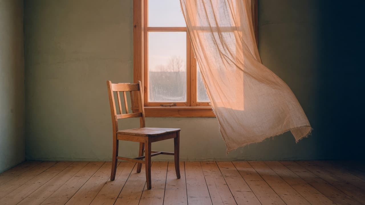 Empty wooden chair beside a dawn-lit window with a sheer curtain lifting — the peace that passes understanding