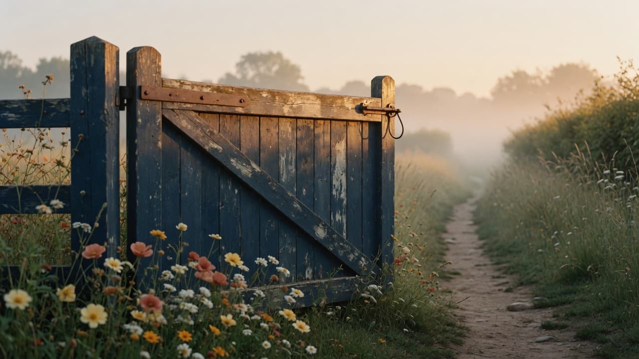 Open wooden gate at dawn leading to a misty path — start your personalized Bible reading plan