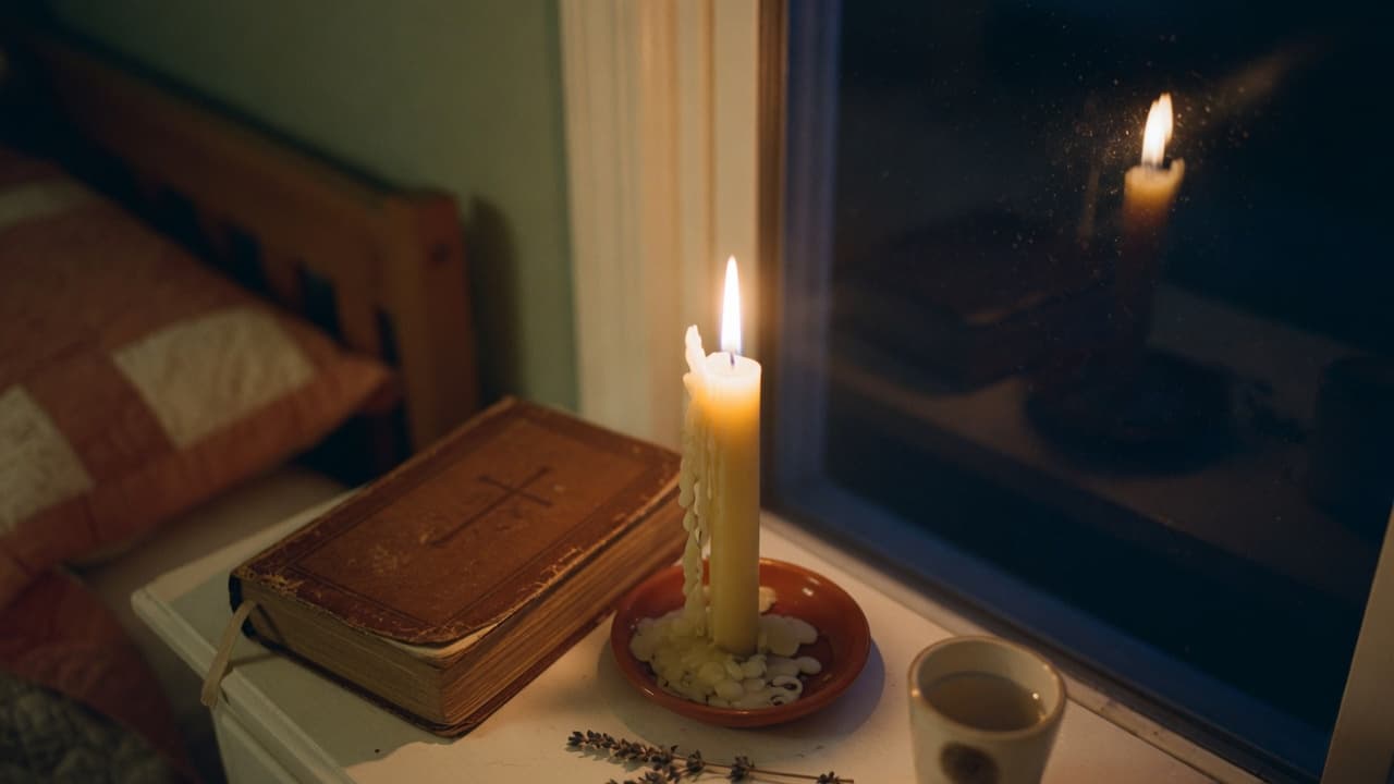 Single beeswax candle glowing beside a closed Bible at night, reflected in dark window — a prayer for anxiety
