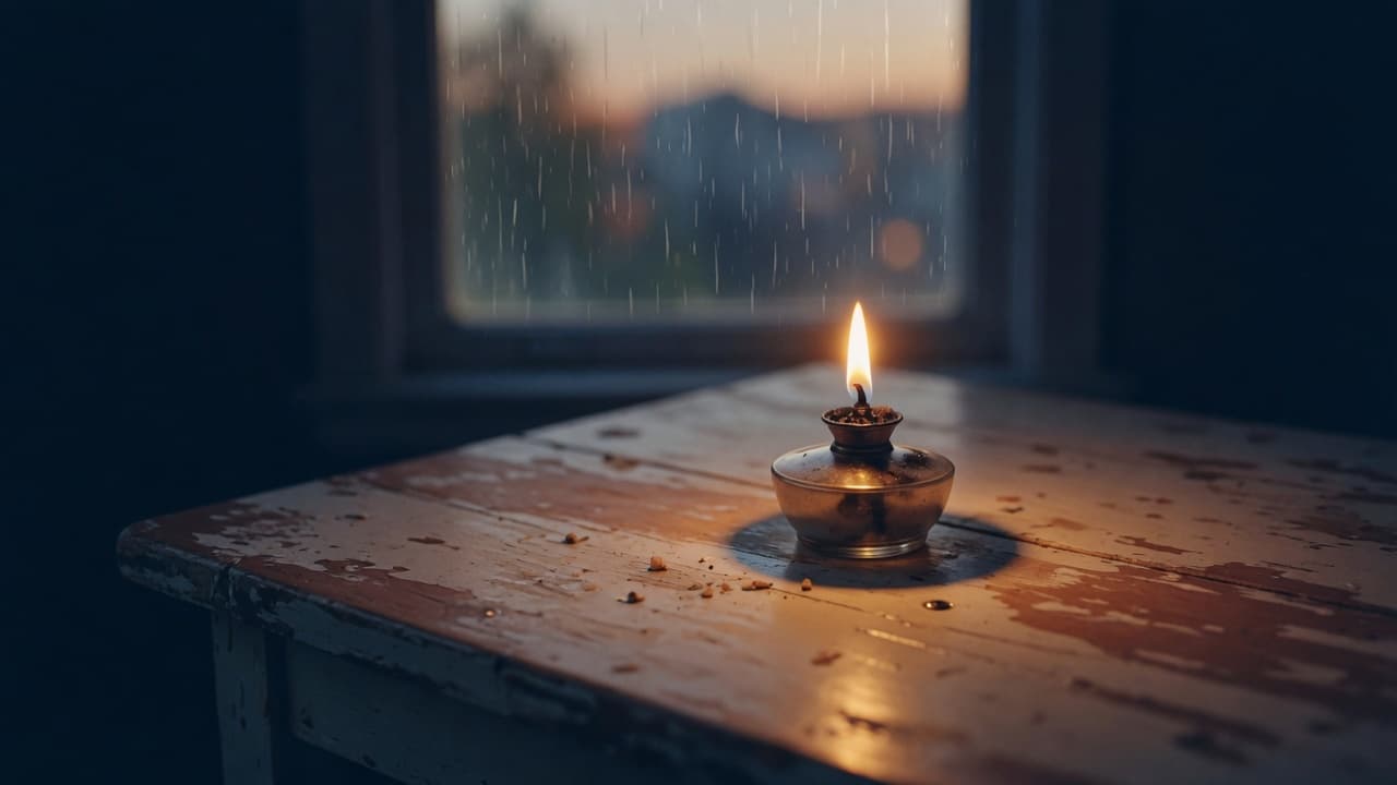Small oil lamp burning steady in a dark rainy room — scripture for anxiety when feelings overwhelm