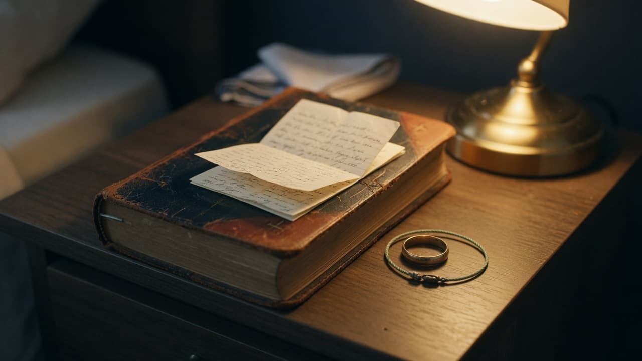 A well-worn handwritten note tucked inside a leather Bible under lamplight — short Bible verses to memorize for anxiety