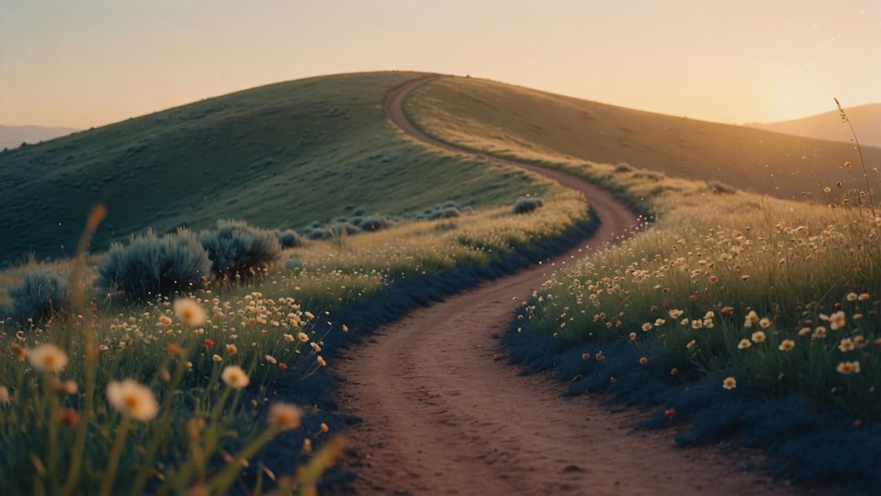 Winding path disappearing over a green hill at sunrise with hidden destination — trusting God in the unknown